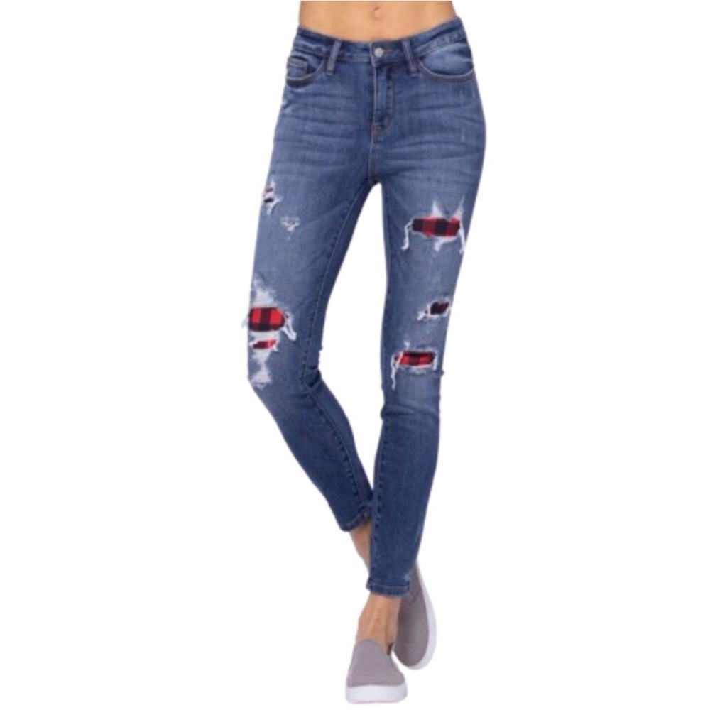 Judy Blue Mid Rise Destroyed Buffalo Plaid Patch Skinny Ankle Jeans 29
